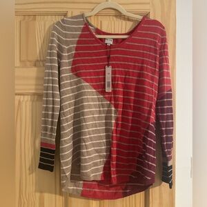 NIC+ZOE Red and Tan Striped Knit Long Sleeve